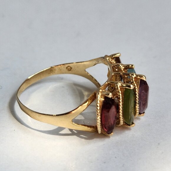 VTG "PJT 14K 585" 14k Yellow Gold Garnet Peridot Topaz & Amethyst Ring Sz 7 - Picture 7 of 10